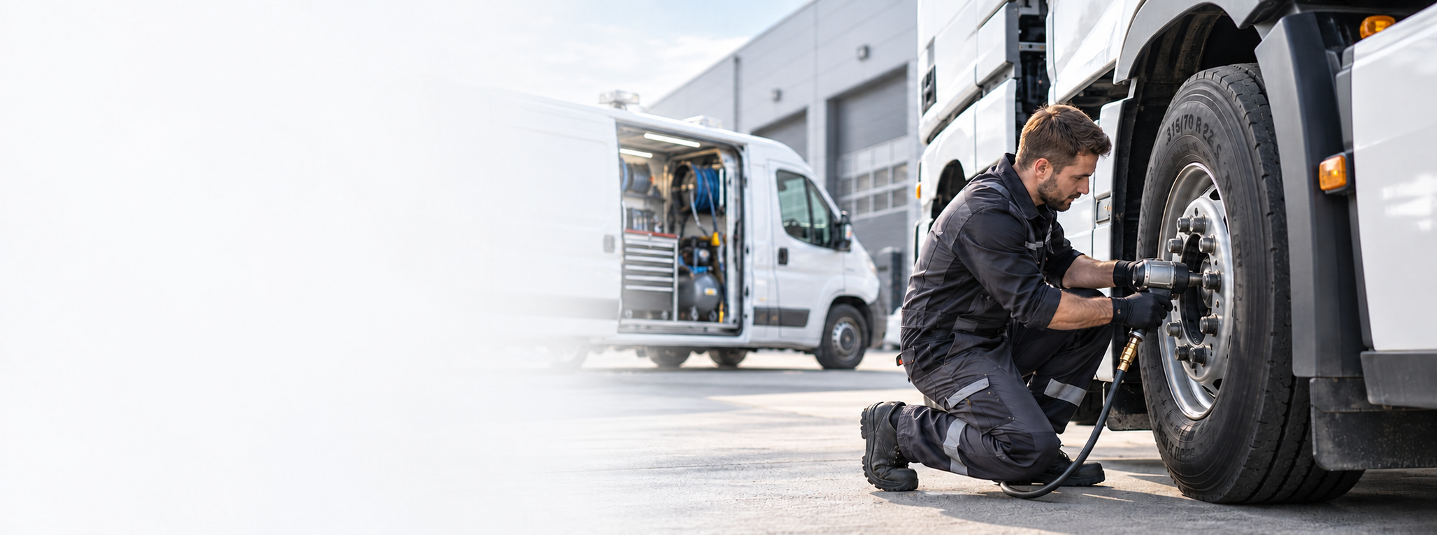 Mobilny serwis DAVECO – technik przy kole ciężarówki i samochód serwisowy